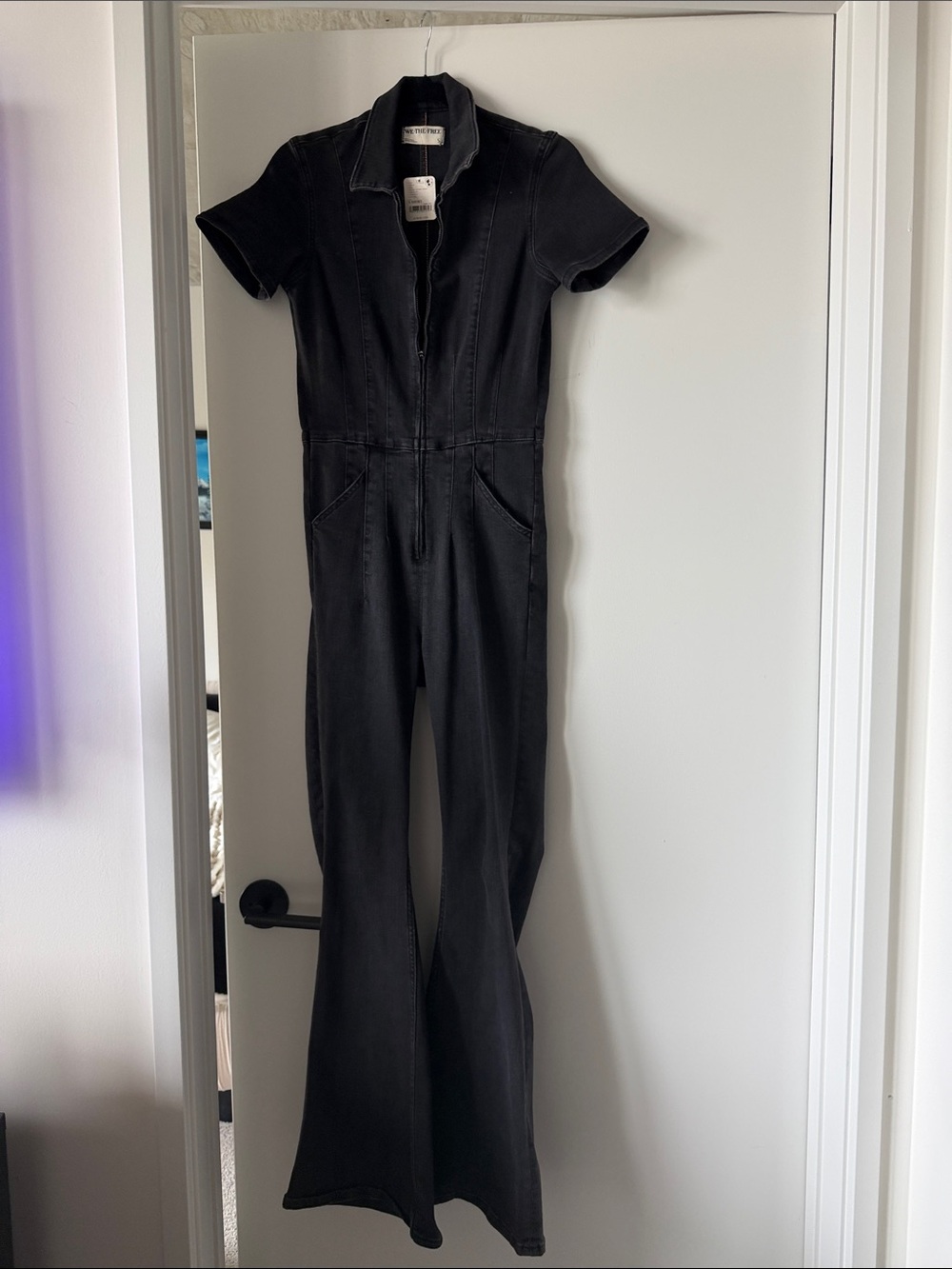 Free People Black Short-Sleeve Denim Jumpsuit with Front Zip